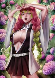 arms_up big_breasts braided_hair cleavage demon_slayer detailed_background female female_only green_eyes haori hydrangea kanroji_mitsuri kimetsu_no_yaiba long_hair looking_at_viewer mole_under_eye no_bra open_mouth open_shirt painting_(artwork) pink_hair pixiv_id_30445734 pleated_skirt solo two_tone_hair uniform