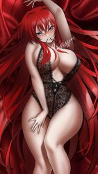 big_breasts biting_clothes blue_eyes female high_school_dxd laying_down laying_on_bed red_hair rias_gremory solo thick_thighs underwear zukoyoshi