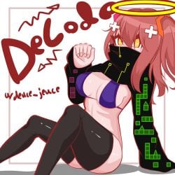 black_hoodie black_thigh_highs black_thighhighs blue_bra bra cyclea decode_(geometry_dash) deuce_jeuce female female female_only geometry_dash halo hoodie hoodie_lift light-skinned_female light_skin looking_at_viewer orange_eyes pink_hair solo solo_female thighhighs white_background