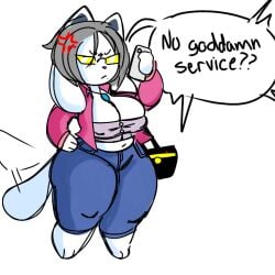 1girls 2d angry anthro breasts breasts_out dialogue digital_media_(artwork) english_text female female_only furry glasses humanoid jeans karen karen_(meme) mochikirb purse shortstack solo talking temmie_(undertale) temren_(jyto) text thick_thighs undertale undertale_(series) voluptuous wagging_tail white_fur