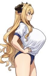 1girls big_breasts bloomers breasts breasts_bigger_than_head buruma clothed clothing draph_race_(granblue_fantasy) female granblue_fantasy gym_uniform hand_on_hip hand_on_own_hip horns houtengeki huge_breasts humanoid razia_(granblue_fantasy) seductive side_view sideboob solo