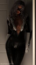 1girls 3d black_cat_(marvel) black_suit breasts cameltoe cleavage clothed clothing felicia_hardy female light-skinned_female light_skin looking_at_viewer marvel mask rapid_banana solo sony_interactive_entertainment spider-man_(series) tight_clothing white_hair