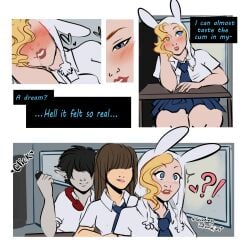 1boy 2girls adventure_time black_hair blonde_hair blue_eyes blush brown_hair comic drooling english_text fionna_the_human_girl heart-shaped_pupils marshall_lee missbehaviour page_17 school school_uniform schoolgirl speech_bubble vibrator_in_pussy waking_up