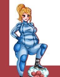 1girls bbw belly big_belly bodysuit breasts chubby fat female female_only light-skinned_female light_skin metrack metroid samus_aran solo solo_female thick_thighs zero_suit zero_suit_samus