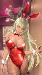 1girls alternate_costume animal_ears arm_at_side arm_support bare_arms bare_shoulders blonde_hair blurry blurry_background breasts bunny_ears bunny_girl bunnysuit closed_mouth commentary commission cowboy_shot depth_of_field english_text fake_animal_ears female female_only fire_emblem fire_emblem:_the_binding_blade fishnet_legwear fishnets hair_between_eyes hartman_hips head_tilt highleg highleg_leotard highres hips hourglass_figure igrene_(fire_emblem) indoors large_breasts legs_together leotard lipstick_mark long_hair looking_at_viewer mixed-language_commentary mole mole_under_eye nintendo pantyhose playboy_bunny rabbit_ears red_leotard shizuko_hideyoshi smile standing strapless strapless_leotard thick_thighs thighs thunder_thighs thunderthighs wide_hips wrist_cuffs yellow_eyes