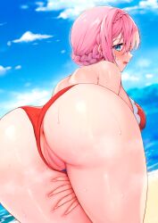 1girls anus ass ayomo_ro bangs bare_shoulders blue_eyes blush braid breasts female hair_between_eyes highres huge_ass large_breasts light-skinned_female light_skin looking_at_viewer looking_back mosaic_censoring navel open_mouth pink_hair princess_connect! pussy short_hair solo solo_female sweat swimsuit yui_(princess_connect!)