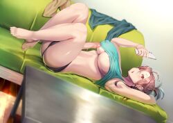 1futa areolae_peeking ass ayanakitori barefoot big_breasts big_penis bra_pull breasts brown_hair clothed clothes_removed clothing couch decensored erection futa_only futa_sans_balls futanari human light-skinned_futanari light_skin looking_at_viewer lounging mostly_nude on_back orange_eyes penis short_hair smartphone solo uncensored underboob underwear_only