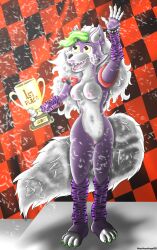 absurd_res anthro award breasts claws confetti female five_nights_at_freddy's five_nights_at_freddy's:_security_breach fur genitals green_hair hair heartlessangel3d hi_res nude paws purple_body purple_fur pussy roxanne_wolf_(fnaf) scottgames smile solo trophy video_games wave