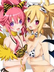 bikini bikini_bottom bikini_top breasts cow_bikini cow_print demon demon_girl demon_wings disgaea disgaea_2 disgaea_5 iwasi_r large_breasts multiple_girls nippon_ichi_software rozalin seraphina_(disgaea) tiger_print tiger_print_bikini