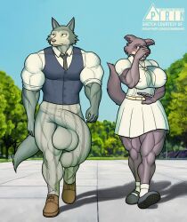 1boy 1girls anthro balls balls_outline beastars big_breasts big_penis blush bottomwear breasts bulge canid canine canis clothed clothing covering covering_face detailed_bulge duo female flaccid footwear fur genital_outline genitals hi_res huge_cock humanoid_genitalia humanoid_penis hyper hyper_genitalia hyper_penis juno_(beastars) legoshi_(beastars) looking_at_another looking_away male male/female mammal muscular muscular_anthro muscular_female necktie nipple_outline nipples penis penis_outline pirin-apex school_uniform shy skirt smile topwear uniform vest wolf