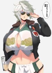 bowtie breasts cleavage cleavage_cutout clipboard huge_breasts jacket japanese_text kantai_collection kloah lips navel open_mouth simple_background sunglasses translation_request unryuu_(kantai_collection) wide_hips