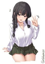 1girls bangs bare_legs black_hair blunt_bangs blush braid breasts brown_eyes collarbone collared_shirt cropped_legs ebifurya fellatio_gesture female female_only green_skirt hair_over_shoulder highres kantai_collection kitakami_(kantai_collection) long_hair looking_at_viewer medium_breasts one-hour_drawing_challenge open_mouth school_uniform sexually_suggestive shirt simple_background singing single_braid sitting skirt smile solo solo_female twitter_username white_background white_shirt