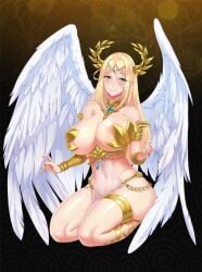 1girls angel angel_wings bare_shoulders blonde_hair blue_eyes blush bracelet circlet cleavage feathered_queen_(project_qt) feathered_wings female game game_cg goddess jewelry kneeling large_breasts long_hair navel official_art project_qt revealing_clothes see-through smile solo thighlet wings