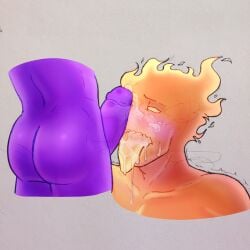 2boys alternate_universe ass balls blush bodily_fluids cum cum_in_mouth cum_on_face dick ejaculation erection fell_grillby fellatio gay grillby licking_penis male male/male male_only open_mouth orange_body purple_body redeyedgazer sex sucking tagme tongue tongue_out underfell undertale undertale_(series) undertale_au