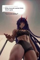 65gh0st abs absurdres demon_horns english_text female from_below highres honkai_(series) honkai_impact_3rd horns know_your_place leanbeefpatty long_hair looking_at_viewer looking_down meme midriff mildly_muscular_woman muscular muscular_female oni_horns parody purple_eyes purple_hair raiden_mei raiden_mei_(herrscher_of_thunder) red_horns solo speech_bubble sportswear tiktok