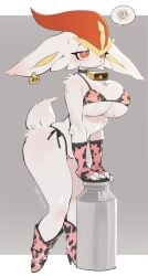 anthro blush cinderace cow_girl cow_print ear_tag furry itsfuckingfurry miltank_(cosplay) pink_shoes pokémon_(species) pokemon sweat sweatdrop tagme yuio