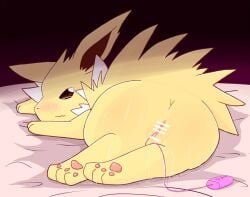 bodily_fluids censored eeveelution egg_vibrator female feral genital_fluids genitals jolteon lying nintendo pokémon_(species) pokemon pussy pussy_juice rumine sex_toy solo vibrator video_games yellow_body