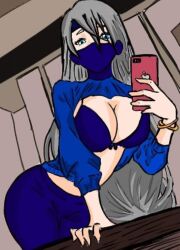 big_breasts blue_eyes blue_mask breasts clothed_female female grey_hair long_hair looking_at_viewer masked_female original_character phone pov taking_picture white_skin wide_hips