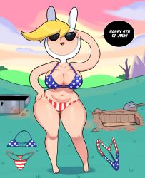 1girls 4th_of_july adventure_time american_flag_bikini bare_shoulders barefoot belly big_breasts bikini blonde_hair breasts bunny_ears chest cleavage english_text feet female female_only fionna_the_human_girl genderbent glasses hole navel open_mouth open_smile outdoors outside shovel smile solo solo_female somescrub speech_bubble sunglasses text thick_thighs voluptuous wide_hips