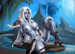 1girls abs alayne_stargroves amazon breasts clitoris_piercing dominant earrings elf female_only functionally_nude huge_breasts kaldorei long_eyebrows navel_piercing night_elf nipple_piercing original_character pointy_ears purefire pussy solo thick_thighs white_hair world_of_warcraft