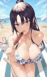 bangs beach beach_towel bikini black_hair blurry_background collarbone hiiragi_yuuichi looking_at_viewer sausage seaside sweat sweatdrop towel