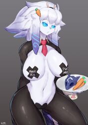 1girls absurd_res anthro aqua_eyes big_breasts blue_sclera breasts bunny_ears buta99 caprine carrot detached_collar female female_only fur furry furry_only grey_background hair_ornament kindred kneeling lamb_(league_of_legends) league_of_legends long_hair looking_at_viewer necktie nipple_pasties pasties pussy_pasty reverse_bunnysuit riot_games sheep_ears short_necktie slit_pupils solo solo_female tray unamused white_fur white_hair x_pasties