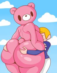 ass_grab basic_background bear big_ass big_sub_small_top blonde_hair blue_sky cartoony cloud furry_x_human gay gloomy_bear hug huge_ass male_only mob_face overweight pink_fur shiny_skin side_moob sidebelly thick_thighs white_muzzle