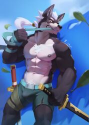 1boy areola areolae belt biting_belt bulge canid canine furry furry_only katana male male_only munax_od muscular muscular_male nipples scar scar_across_eye solo sword two_tone_body underwear white_hair wolf