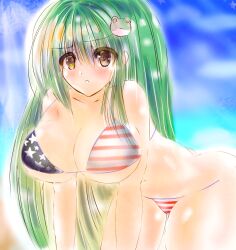 american_flag american_flag_bikini animal_hair_ornament ass beach bikini blush breasts brown_eyes cleavage cloud collarbone female flag_print frog_hair_ornament green_hair hair_ornament hikawa_atsumi large_breasts leaning_forward long_hair looking_at_viewer navel ocean parted_lips print_bikini sanae_kochiya sand sky standing star_(symbol) star_print striped striped_bikini swimsuit teeth touhou water