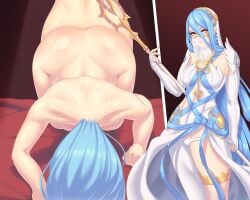 1girls asymmetrical_clothes asymmetrical_legwear azura_(fire_emblem) bare_legs bent_over blue_hair blue_nails breasts completely_nude female female_focus fire_emblem fire_emblem_fates hair_between_eyes legs light_blue_hair long_hair looking_at_viewer medium_breasts mouth_veil nail_polish nintendo nude nude_female orange_eyes panties see-through seios sex solo_focus spear underwear veil very_long_hair weapon white_panties yellow_eyes