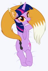 alicorn amber_eyes anus badumsquish big_tail canid canine dakimakura_design dakimakura_pose equid equine eyeliner fangs female feral fox fox_tail friendship_is_magic genitals hair hasbro hi_res horn hybrid looking_at_viewer makeup mammal my_little_pony purple_hair pussy quadruped red_eyeliner sharp_teeth solo teeth twilight_sparkle_(mlp) wings