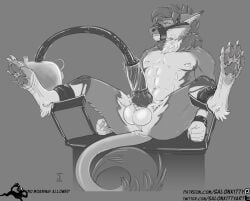 1boy abs anthro balls bodily_fluids claws erection furniture gag genitals knot machine male male_only milking_machine muscular muscular_male muzzle_gag paws penis_milking_machine restraints salonkitty semen_collecting_machine solo solo_male table