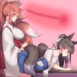 1futa 1girls animal_ears bangs bent_over black_hair censored clothed clothing cross_section duo female fox_ears fox_girl fox_tail from_behind_position futa_on_female futanari humanoid humanoid_penis imminent_sex kemonomimi light-skinned_female light-skinned_futanari light_skin long_hair mosaic_censoring mostly_clothed orange_hair original rikuguma standing standing_doggy_style standing_sex x-ray