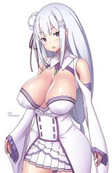 bare_shoulders bare_thighs breasts clothed clothed_female clothing detached_sleeves dress dressed elf elf_ears elf_female elf_girl emilia_(re:zero) eyebrows_raised eyebrows_visible_through_hair female female female_focus female_only green_jewel hair_flower hair_ornament half-elf half_elf huge_breasts large_breasts light-skinned_female light_blush light_skin long_hair long_sleeves looking_at_viewer neck_jewelry no_bra onomeshin open_eyes open_mouth pointy_ears purple_eyes re:zero_kara_hajimeru_isekai_seikatsu shiny_skin silver_hair simple_background solo solo_female solo_focus standing thick_thighs thighhighs very_long_hair white_background white_clothing white_dress white_flower white_hair white_legwear white_thighhighs