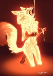 2022 4_ears anthro biped breasts canid canine closed_eyes digital_media_(artwork) discreet_user female fox fur glowing glowing_body glowing_fur hi_res kneeling mammal multi_ear mylar_(discreet_user) nipples nude open_mouth red_body red_fur small_breasts solo yellow_body yellow_fur