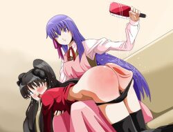 ass barkyhito big_ass big_butt black_hair black_leggings black_panties black_socks blush breast_grab breasts_grab brush crying crying_with_eyes_open dress fate/stay_night fate_(series) female female_only hairbrush jiggling_ass long_hair looking_back multiple_females one_eye_closed open_mouth over_the_knee over_the_knee_spanking panties panties_down purple_hair red_shirt ribbons sakura_matou skinny slim_waist socks spanking tears thigh_socks thighhighs tohsaka_rin twintails underwear