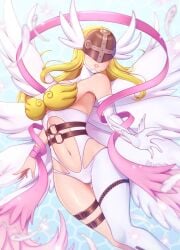 1girls 2020 8_wings angel angel_wings angewomon blonde_hair clothed digimon digimon_(species) feathers female female_only helmet long_hair navel ribbon skimpy solo solo_female thescarletdevil wings