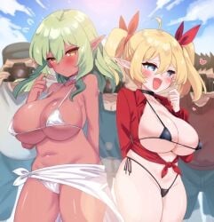 beach bikini bikini_bottom bikini_top blonde_hair blue_eyes blush blushing dark-skinned_female dark_skin elf gold_eyes green_hair open_shirt rayno