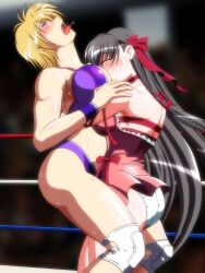 2girls ass blush breasts catfight clothing elbow_gloves female female_ejaculation multiple_girls open_mouth orgasm sideboob smile sweat tears tongue very_long_hair wrestle_angels wrestle_angels_survivor wrestle_angels_survivor_2 wrestling wrestling_ring yellow_eyes yuri