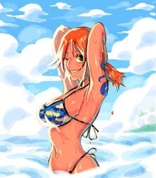 1girls abs abstract_background arms_above_head arms_behind_head arms_up ass big_breasts bikini blue_sky clouds female female_focus female_only fit fit_female grin haidenisa nami one_piece orange_hair posing pre-timeskip short_hair side_view sideboob sky skypiea slim smile solo solo_focus toned toned_female twintails wet_body wide_hips wink