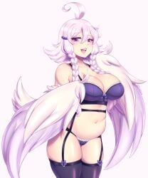 1girls 2021 ahoge avian avian_humanoid feathered_wings female female_only garter_belt garter_straps harpy hi_res humanoid lingerie looking_at_viewer mature_female narrowed_eyes open_mouth original purple_eyes slightly_chubby smiling_at_viewer solo solo_female stockings thescarletdevil twin_braids white_background white_hair winged_arms