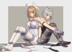 2girls absurd_res arms_behind_back arms_bound arms_bound_to_legs black_legwear black_leotard black_pantyhose blue_eyes bondage bound bound_together breasts brown_hair bunny_ears bunnysuit cat_ears catgirl cleavage core_crystal eunie_(xenoblade) female female_only femsub head_wings highres large_breasts latex legwear leotard light-skinned_female light_skin long_hair medium_breasts mio_(xenoblade) monolith_soft nintendo pale-skinned_female pale_skin pantyhose short_hair silver_hair submissive submissive_female tape tape_bondage thick_thighs thighs white_legwear white_leotard white_pantyhose wings wo_cao_xiao xenoblade_(series) xenoblade_chronicles_3 yellow_eyes