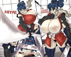 1girls big_breasts blue_hair breasts breasts_out breasts_outside cleavage curvy curvy_body curvy_female curvy_figure exposed_breasts female huge_breasts inverted_nipples japanese_clothes manyuu_chifusa manyuu_hikenchou nipples panties roumgu scarf string_panties sword thick_thighs thighhighs tied_hair voluptuous wide_hips yellow_eyes