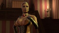 3d ball_gag bodysuit choker cleavage expressionless female_only femsub hitman_absolution huge_breasts mrs._cooper posing prostitution red_lipstick solo source_filmmaker theappealingjeannie unamused