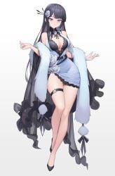 big_breasts black_clothing black_hair blue_clothing cleavage female female_focus flower flower_in_cloth flower_in_hair legwear light_skin long_hair oriental_clothing purple_eyes smile tagme tagme_(artist) tagme_(character) two_tone_clothing