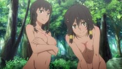 2girls akayuki-zero amazon anime black_hair braid breasts brown_skin dark-skinned_female dungeon_ni_deai_wo_motomeru_no_wa_machigatteiru_darou_ka edit female_only forest green_eyes hair_ornament long_hair looking_at_viewer multiple_girls naked nipples nude_filter short_hair smiling_at_viewer tiona_hiryute tione_hiryute trees wet_hair