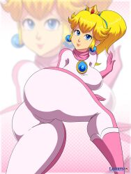 1girls ass blonde_hair blue_eyes bodysuit breasts clothing female footwear handwear human jumpsuit layerth light-skinned_female light_skin looking_at_viewer mario_(series) mario_kart nintendo pale_skin ponytail princess_peach solo thighs voluptuous