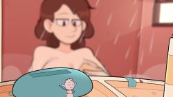 1girls 2d alfur_aldric animated arkeus bathroom big_breasts closed_eyes hi_res highres hilda_(series) johanna_(hilda) large_breasts light-skinned_female light_skin medium_hair micro milf mouse naked nude oblivious shower showering soap sound surprised tagme unaware video