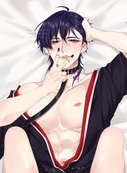 1boy abs absurdres artist_name bare_legs collar collarbone cum genshin_impact highres japanese_clothes male_focus male_only muscular muscular_male open_clothes open_shirt purple_eyes purple_hair rourouki scaramouche_(genshin_impact) short_hair solo spread_legs tongue tongue_out twitter_username v v_over_mouth