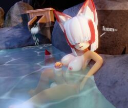 3d anthro bath big_penis erection fox furry futanari hair_over_eyes kitsune large_balls large_penis naked nipples onsen smirk solo tradelt water